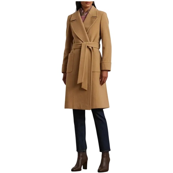 Lauren Ralph Lauren NWOT Classic Camel Belted Wool Blend Wrap Cashmere Coat S 12 - Picture 2 of 16